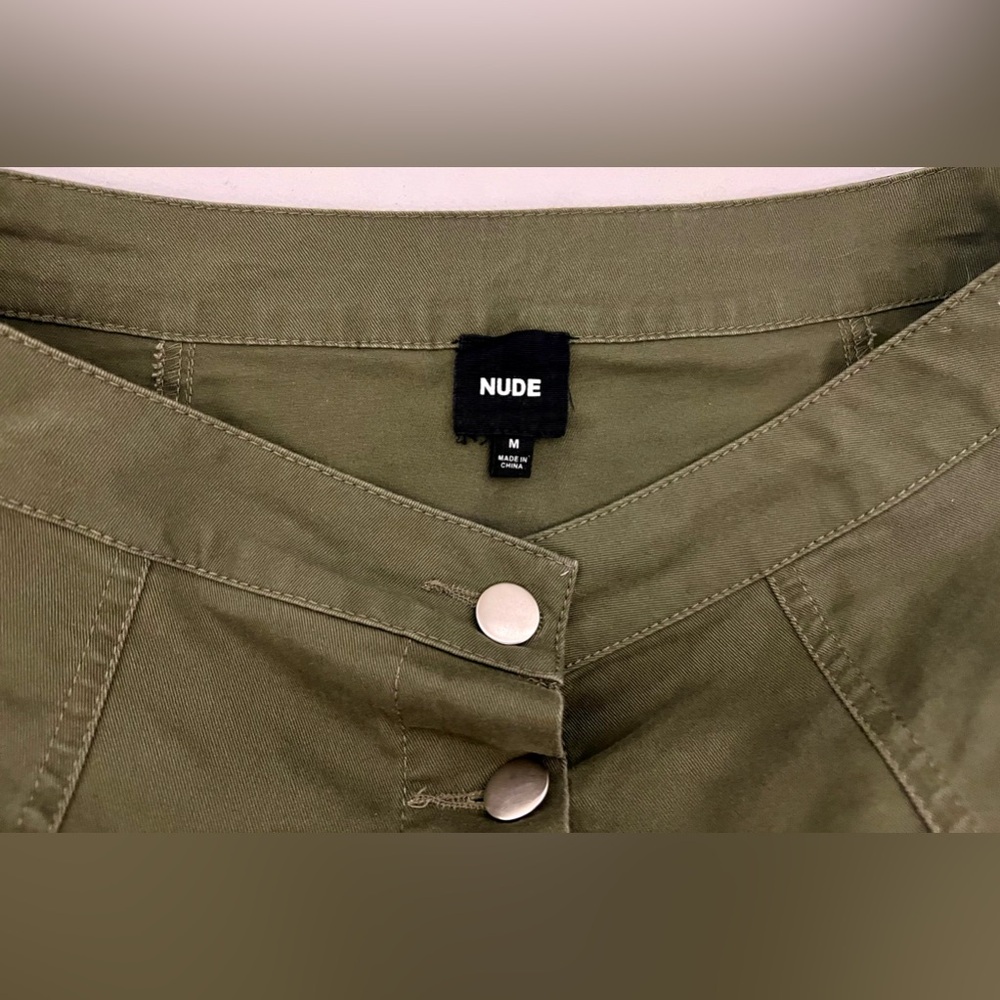 NUDE Brand Army Green Button Front Mini Skirt Denim Slight Stretch Size Medium - Picture 7 of 13